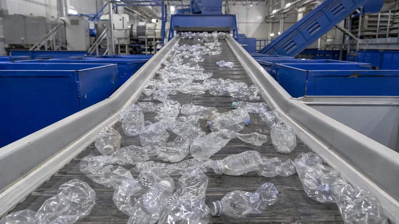 Plastikowe butelki PET na taśmie w sortowni - recykling plastiku